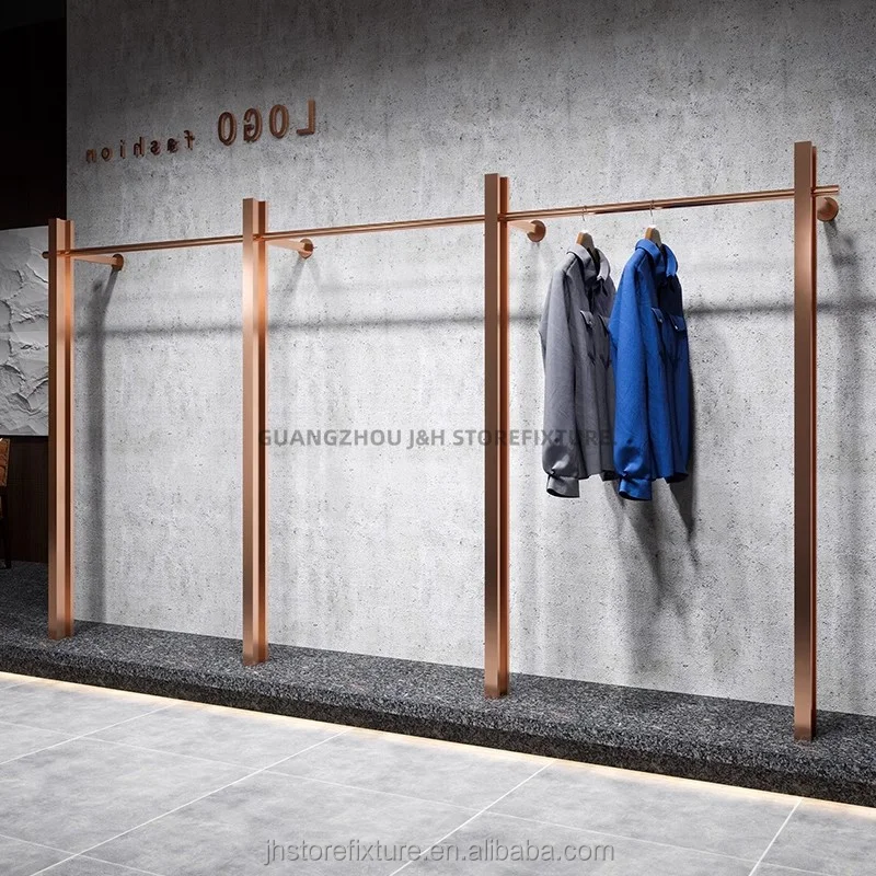 Простой дизайн, настенная стойка для одежды из розового золота с логотипом на заказ для подвешивания одежды в магазине с низким содержанием минимального заказа