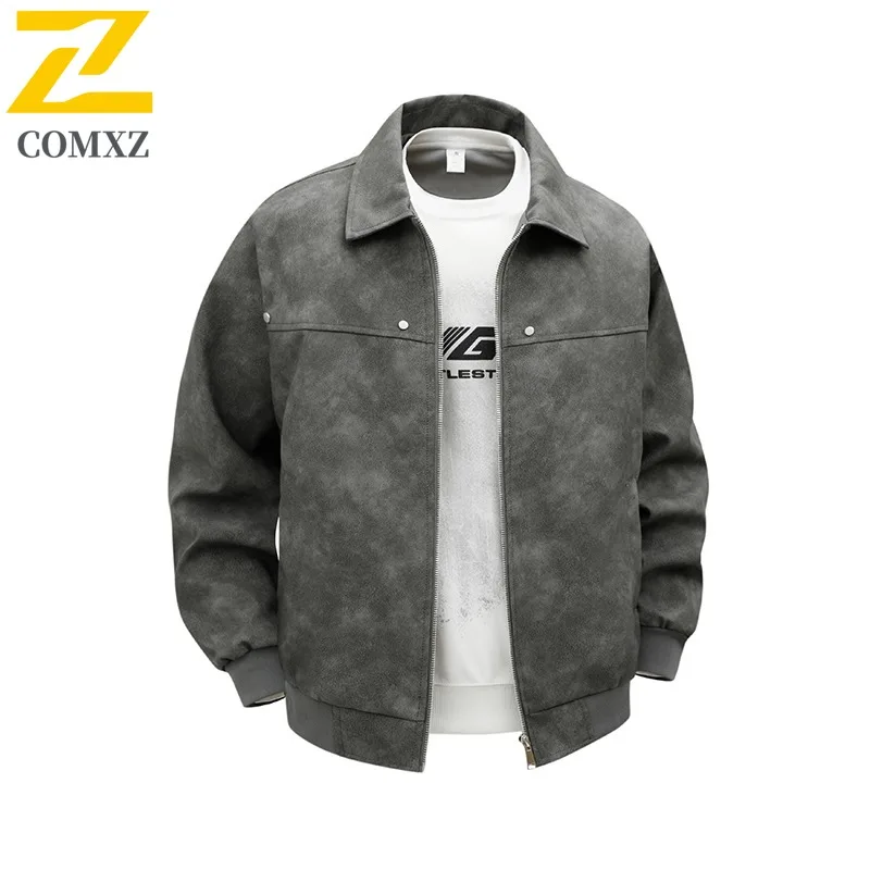 

COMXZ Men Motorcycle Jacket High End Stand Collar American Style Comfort Coats Solid Tone Travel Lightweight Autumn Clothing