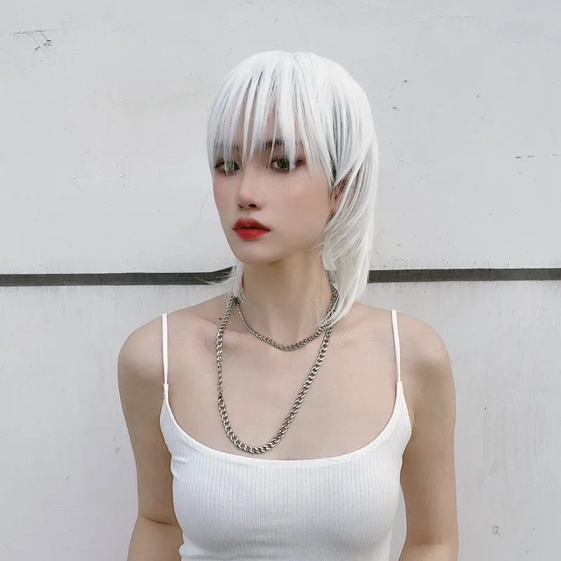 New short hair handsome mullet head white full head wolf-tail animation wig high temperature silk synthetic fiber hair