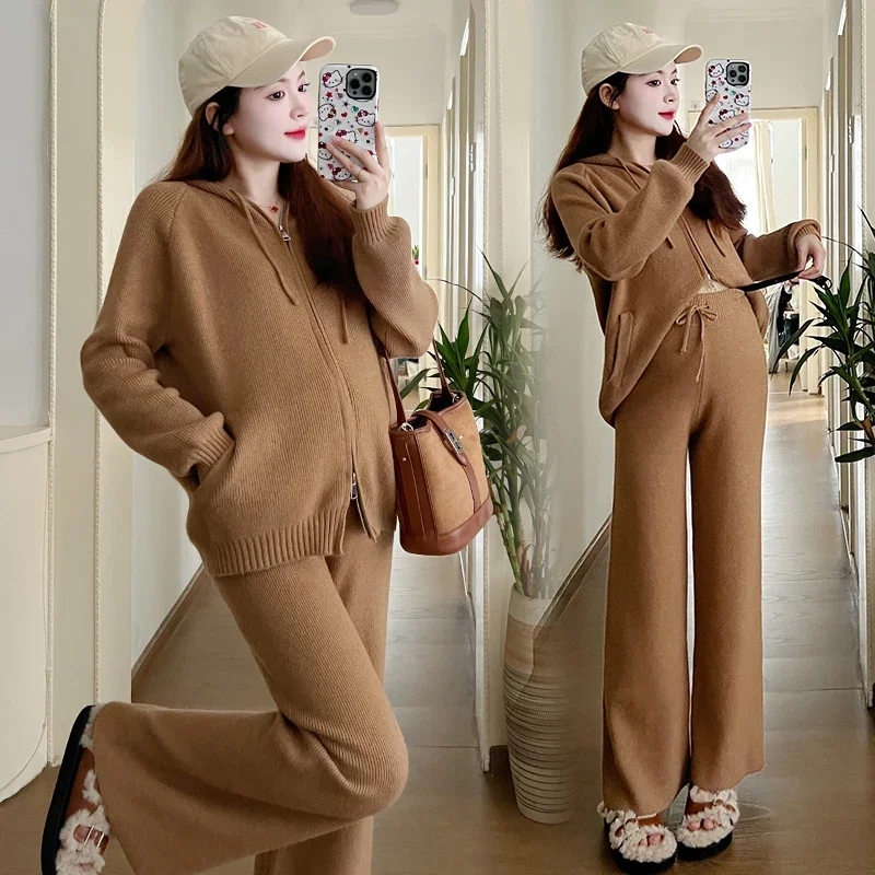 Autumn Winter Knitted Maternity Clothing Sets Elegant Sweaters Coats Belly Pants Suits Clothes for Pregnant Women Pregnancy Wear