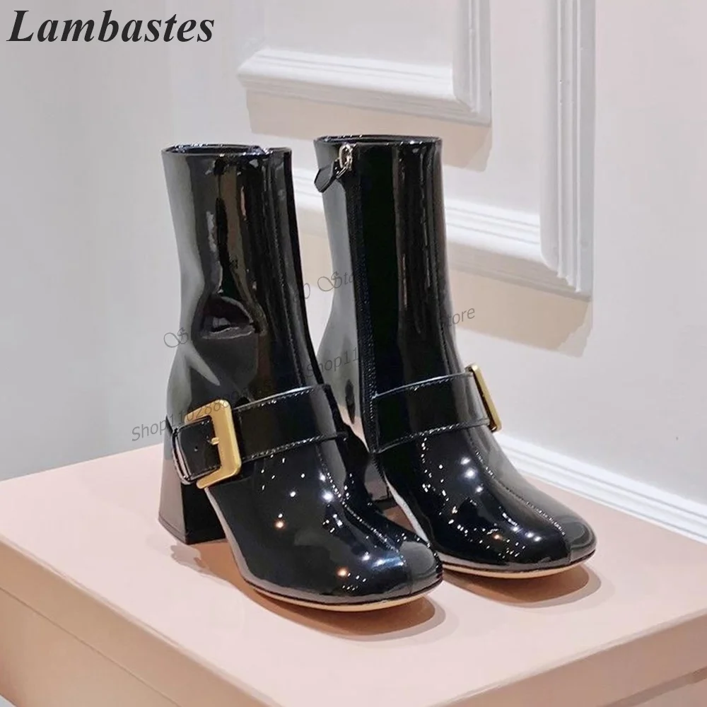 Lovely Black Patent Leather Belt Buckle Decor Boots Chunky High Heel Women Shoes Side Zipper Round Toe 2023 Zapatillas Mujer