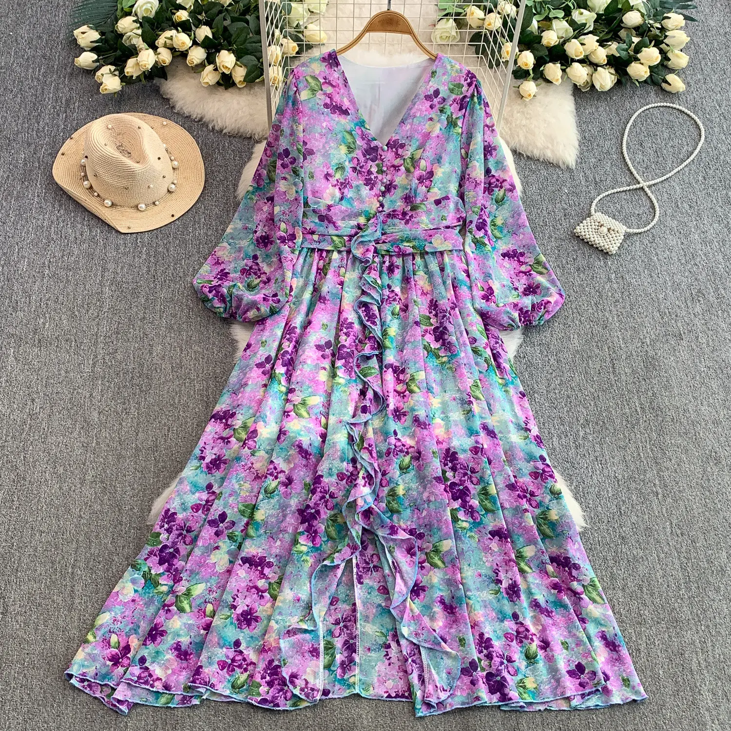 

Романтичное фиолетовое платье с цветочным принтом лаванды, весна 2026, сексуальное, с V-образным вырезом, оборками, длинными рукавами, А-силуэт, пляжное, с поясом, для вечеринок, Vestidos