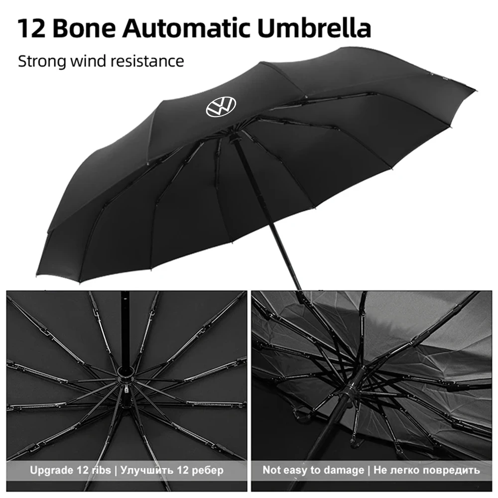 1pc Car Logo Badge Black Umbrella Rain Women Men Automatic Wind Resistant Rainproof Outdoor Portable Parasol For VW RLINE GOLF 8