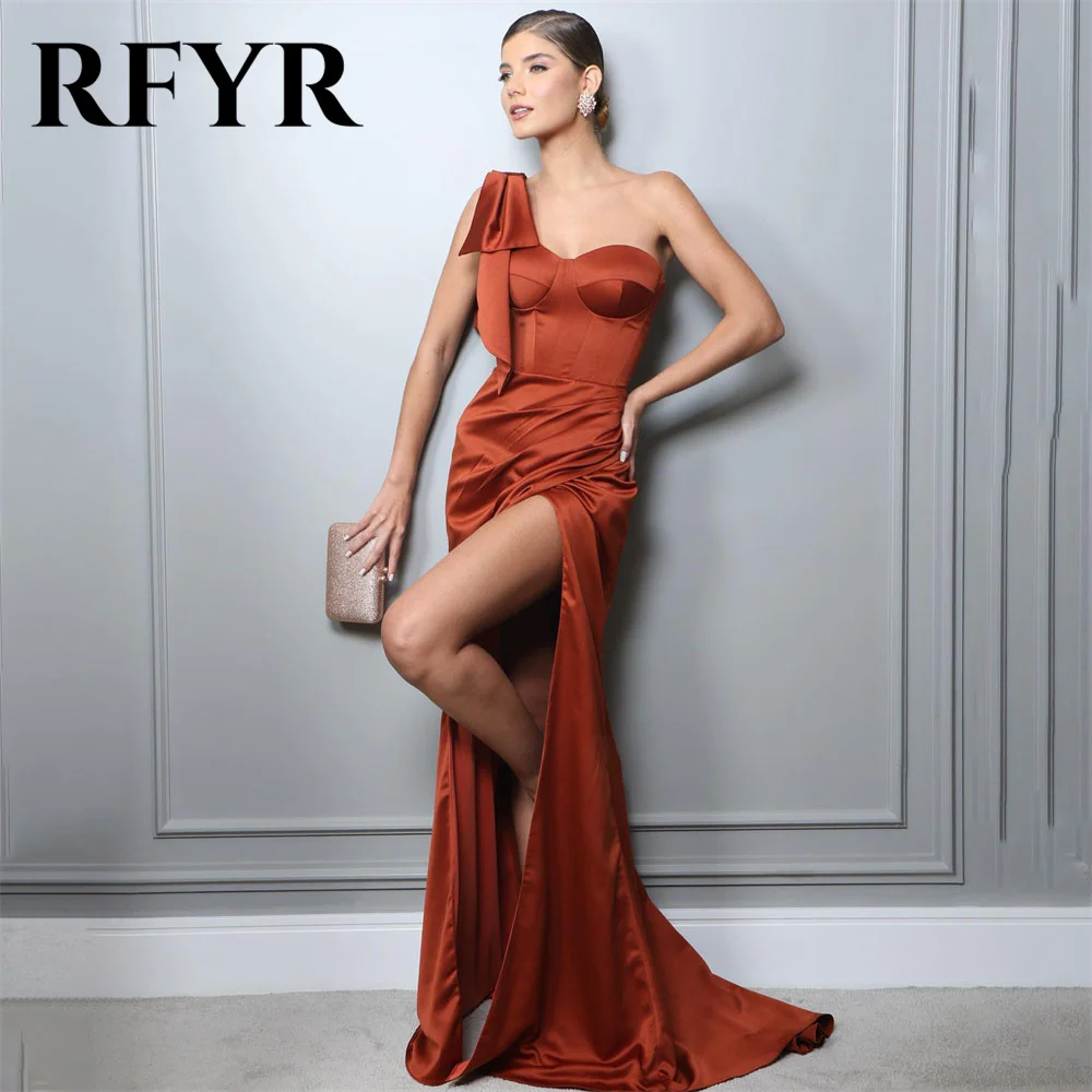 RFYR Burnt Orange Evening Dresses One Shoulder Party Dress Floor Lenght Satin Prom Gown Side Split Vestidos De Noche Customized