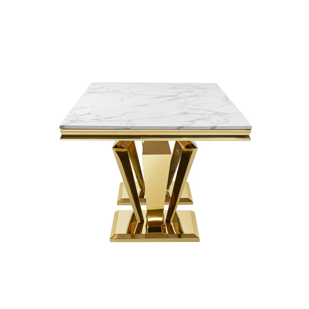 Dining Table for 6 or 8, Gold Polished Stainless Steel Base MDF Marble Top(8.74