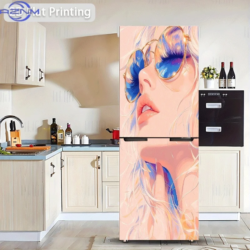 Printing Refrigerator Sticker 60x180cm, Side Profile of a Woman Wearing Golden Round Fashion Glasses, Themed Scene Wall Decal,