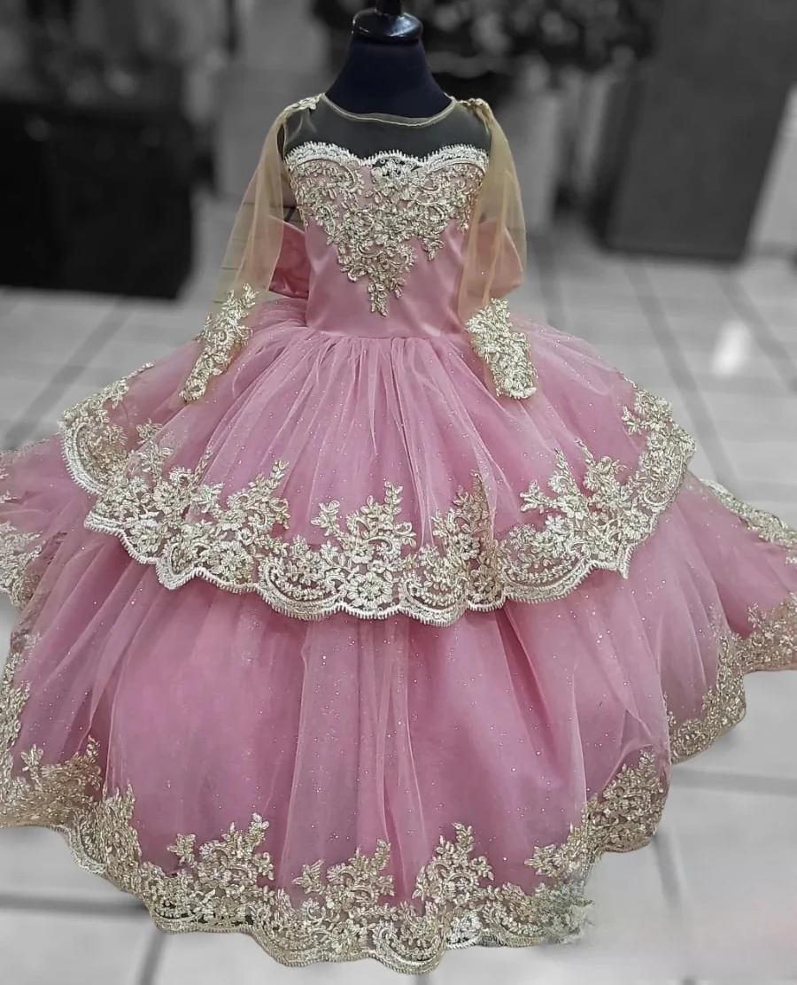 

Pink and Gold Applique Flower Girl Dress for Wedding Long Sleeves Girls Pageant Dress for Teens Floor Length Kids Dance Dresses