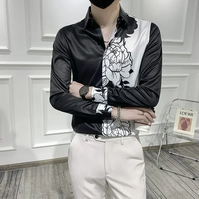 

Turn-down Collar Formal Business Temperament Button Printing Asymmetrical Spring Summer Thin Men's Clothing Fashion Casual Loose