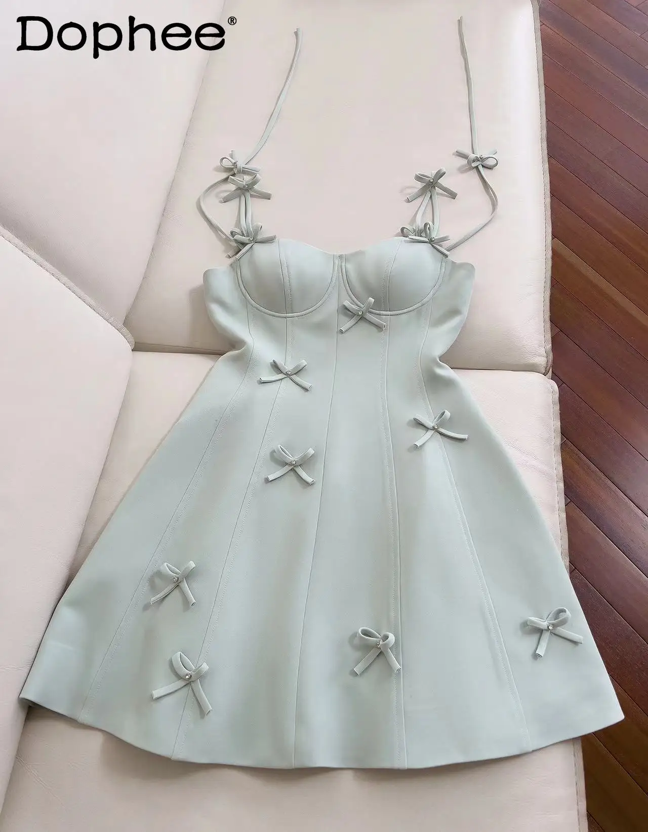 

French Style Bow Suspenders Dress Female 2024 Summer New Slim Fit Waist-Controlled Elegant A- Line Vintage Dress Women Clothing