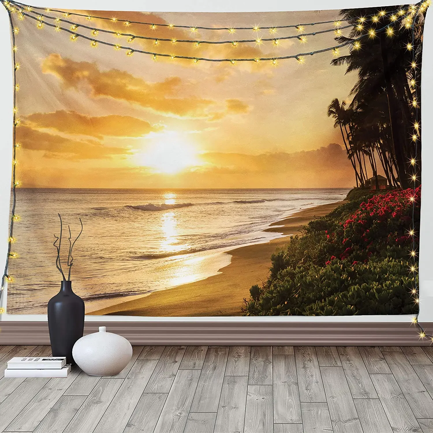 Warm Tropical Sunset On Sands Of Beach In Maui Hawaii Traveling Wall Hanging By Ho Me Lili Tapestry Decor Cream Ivory