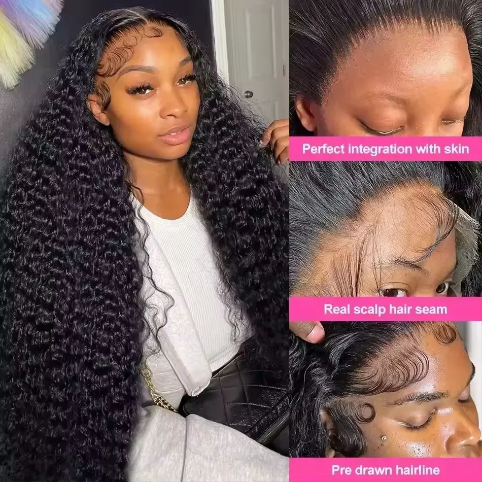 200 Density 52 Inches 13x6 13x4 HD Transparent Lace Frontal Wig Natural Color Deep Wave Human Hair Wigs For Women