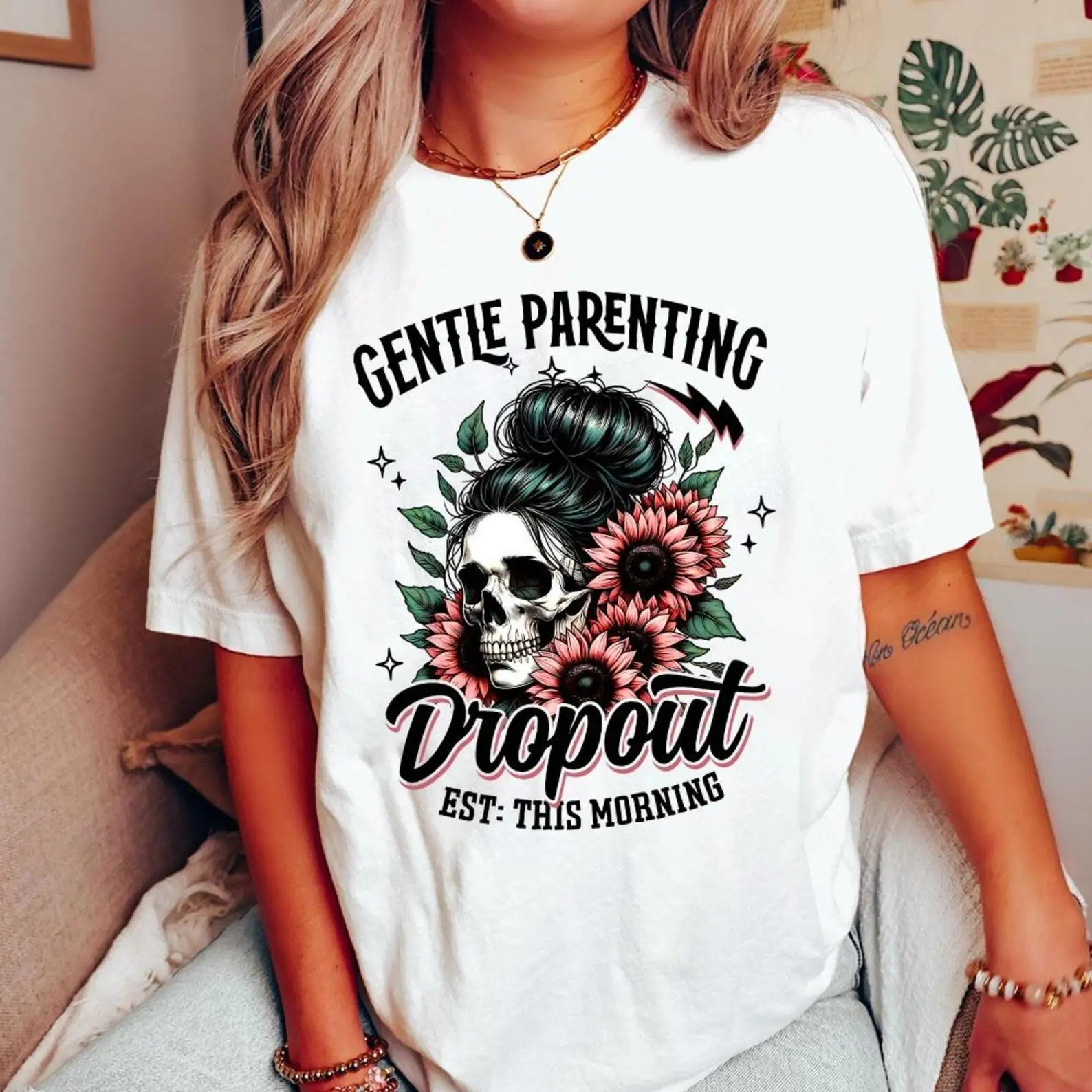

Funny Skeleton Skull T-Shirt, "Gentle Parenting Dropout" Graphic Tee, Sarcastic Mom Life Top, Mother's Day Gift for Her