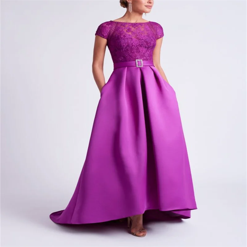 MULONG Fuchsia Satin A Line Mother Of The Bride Dress Sleeveless With Belt  Lace Wedding Party Prom Evening Gown For Women