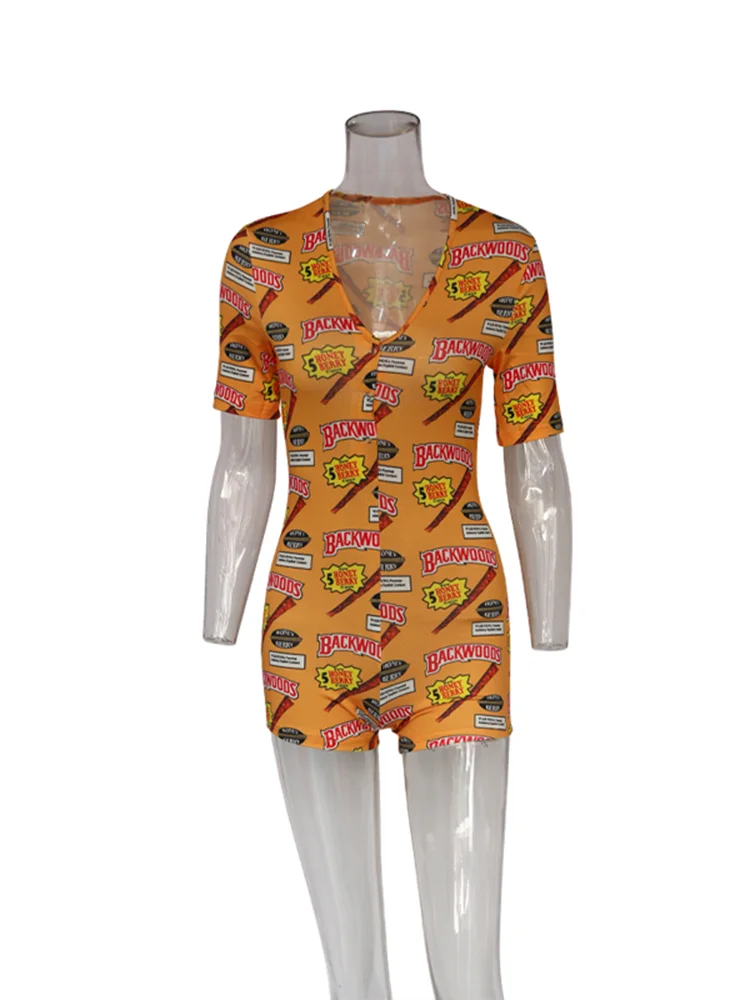 2024 New Printed Fabric Casual V Neck Short Bodysuits For Women