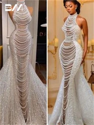 Luxury Halter Pearls Bride Dresses Sleeveless Long Train Illusion Wedding Dresses For Women Custom Made Bridal Gown