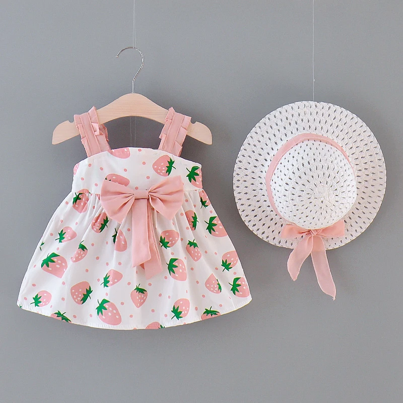 Baby Girl Dress Summer Bow And Strawberry Pattern Halter Girl Kid's Dress Cute Casual Beach Kids' Dresses With Hat