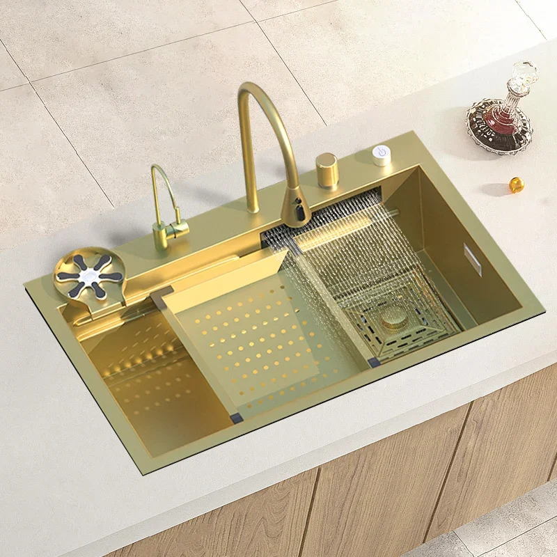 

Golden Waterfall Sink Stainless Steel Kitchen Sink Large Single Slot Multifunctional Sink Dishwasher Sink Right Side Down