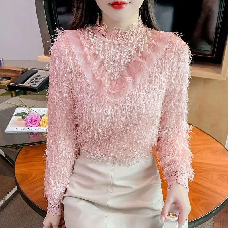 Top de encaje con cuello levantado y manga larga gruesa para mujer, camisa de terciopelo de seda con diamantes de lujo, Otoño Invierno TT754