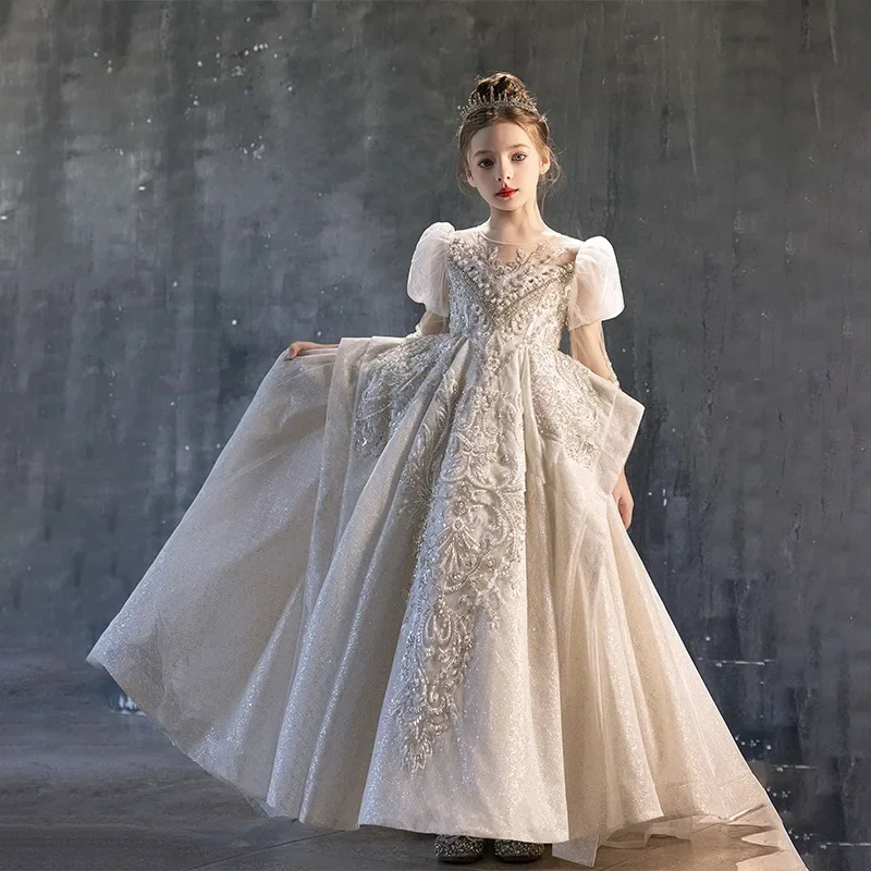 

Ivory Flower Girl Dress Sequin Embroidery Tulle Ball Gown Puff Sleeve Wedding Gown First Christmas Party Dress For Girlsفسات
