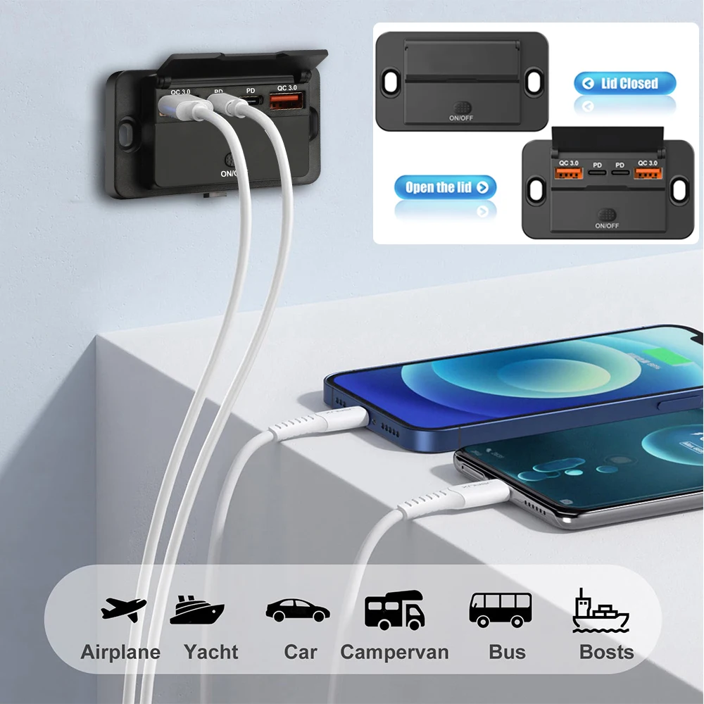 12V 24V USB Outlet Car Charging Port Dual PD USB C Socket Wall Mount Accessories for Car Boat Marine Campers RV Truck Golf Cart