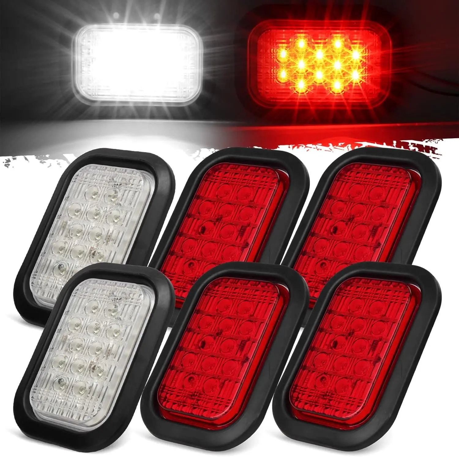 

6Pcs 5x3 Rectangle Truck Trailer Hitch Lights 12LED Flush Mount (4Red+2White)