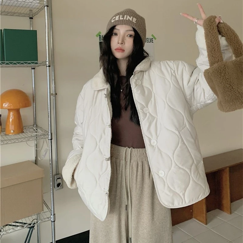 Khaki Color Two Faced Lamb Cashmere Cotton Jacket Popular for Women in Autumn Winter Small Stature 2024 New Loose Popular Style