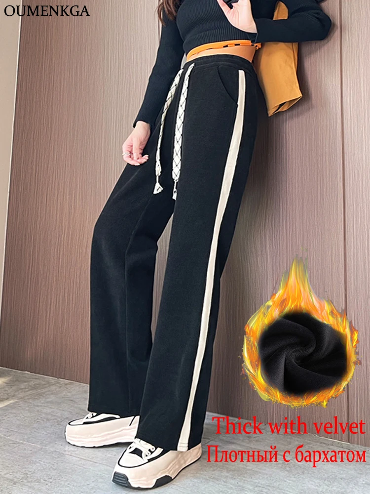 

Women Winter Thick Corduroy with Velvet Joggers Warm Pants High Waist Stright Trousers Fashion Side Stripe Baggy Streetwear 4XL