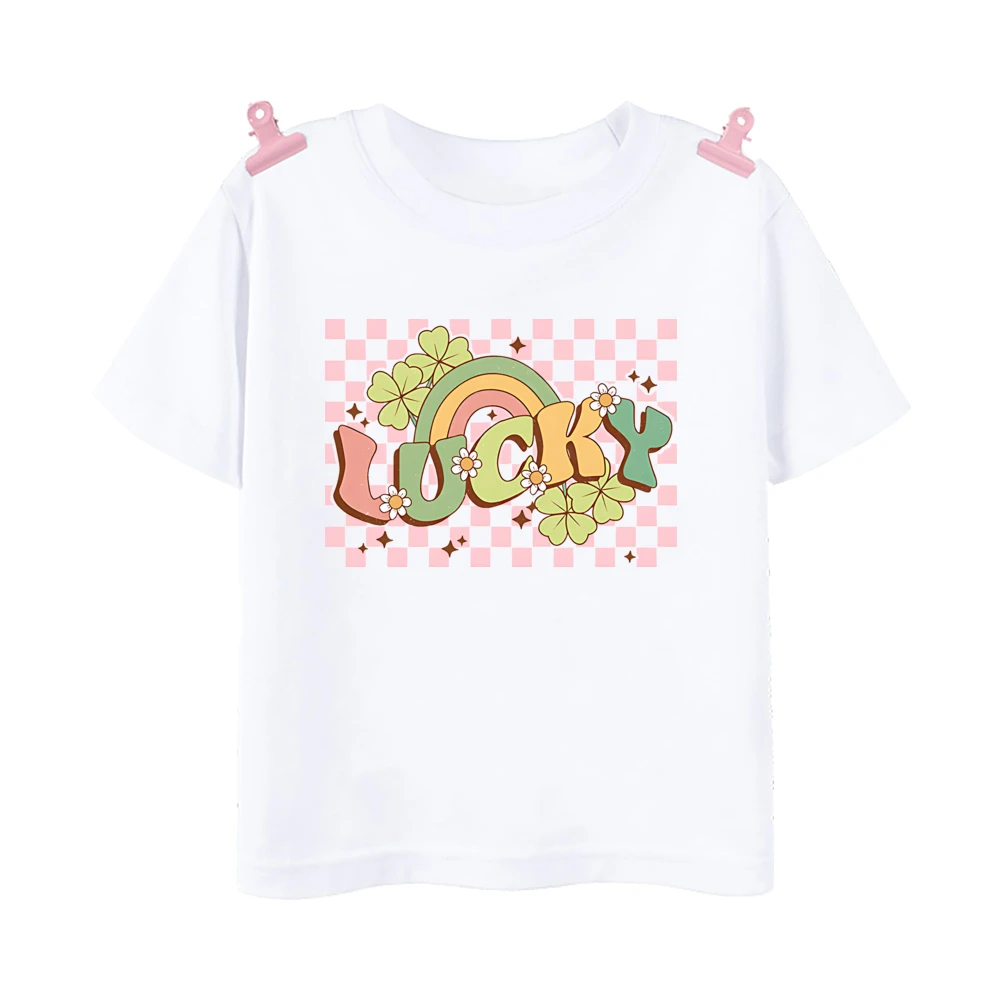 Happy Go Lucky Printed Kids Shirts St. Patrick\'s Day Boys Girls Outfit T-shirt Child Short Sleeve Tee Tops Holiday Kid Clothes