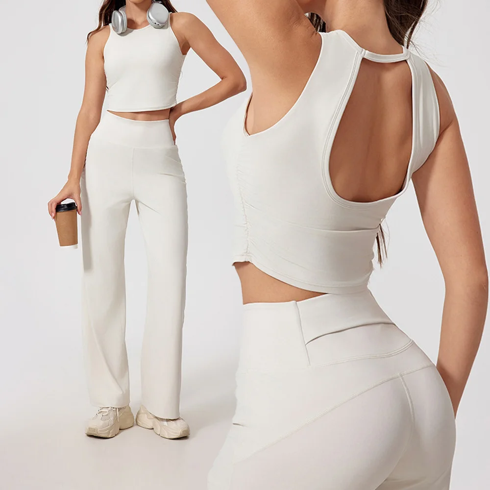 

New Women Sportswear Yoga Set Sport Suit Gym Workout Clothes Gym Vest Crop Top High Waist Straight leg Pants Fitness Sports Wear