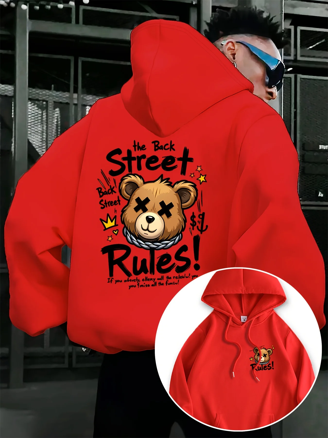 Hip Hop Bear Print Fashion Creative Men Hooded Sweatshirt Autumn Winter Daily Sports Loose All Build Leisure Warm Street Style
