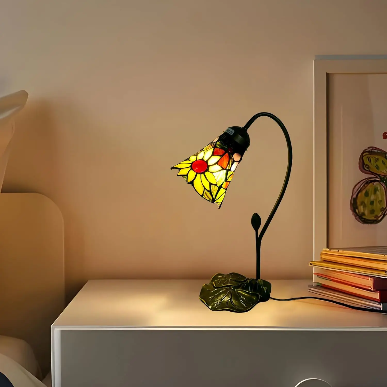 ￥% Table Lamp Sunflower Stained Glass Lamp  Tiffany Style Desk Lamps for Bedroom Home Office with Color Changing LED Bulb