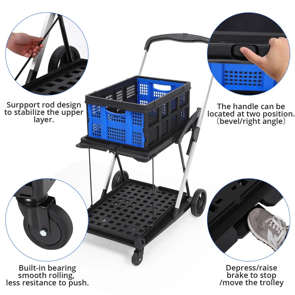 2-Tier Folding Shopping Cart with Wheels Service Cart with Storage Crate, Utility Carts 200LBS Capacity Storage Hand Truck