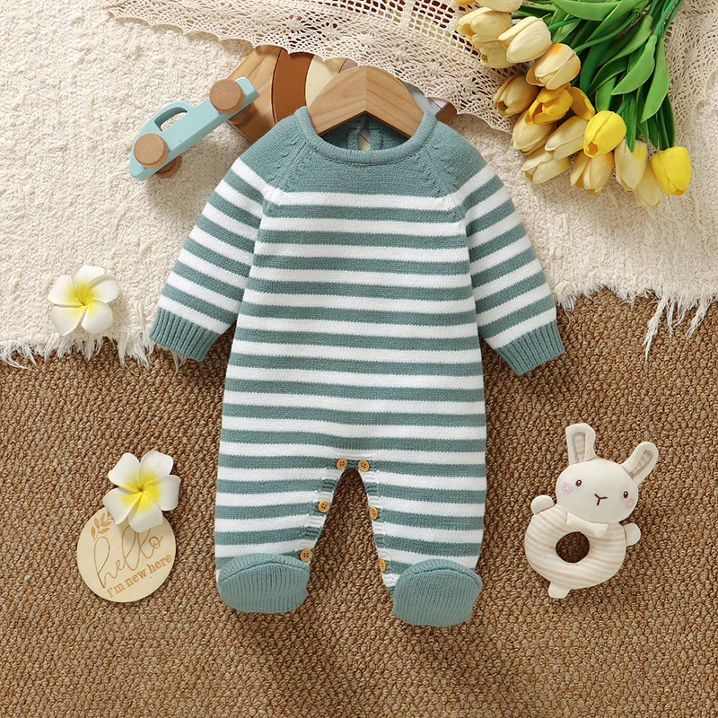 

Baby Rompers Knitted Green Full Sleeve Newborn Infant Boys Girls Stripes Jumpsuits 0-9m Autumn Winter Toddler Children Outfits