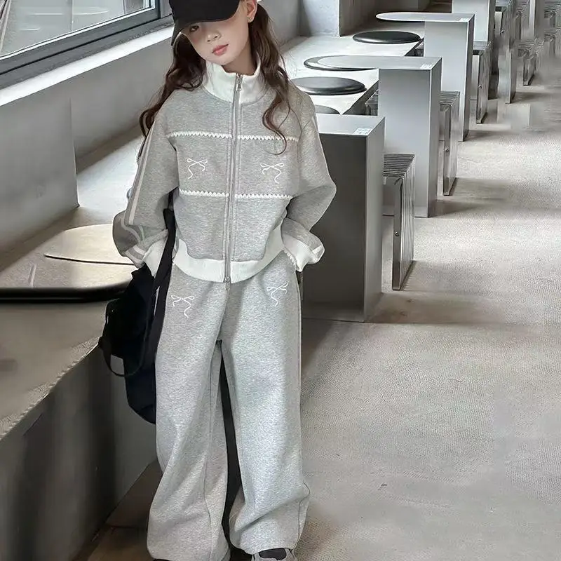 

Winter Suits Top & Pants Two-Piece Set Sweatshirt Bow Korean Children's Clothing AutumnClothes for Girls From 5 To 15 Years