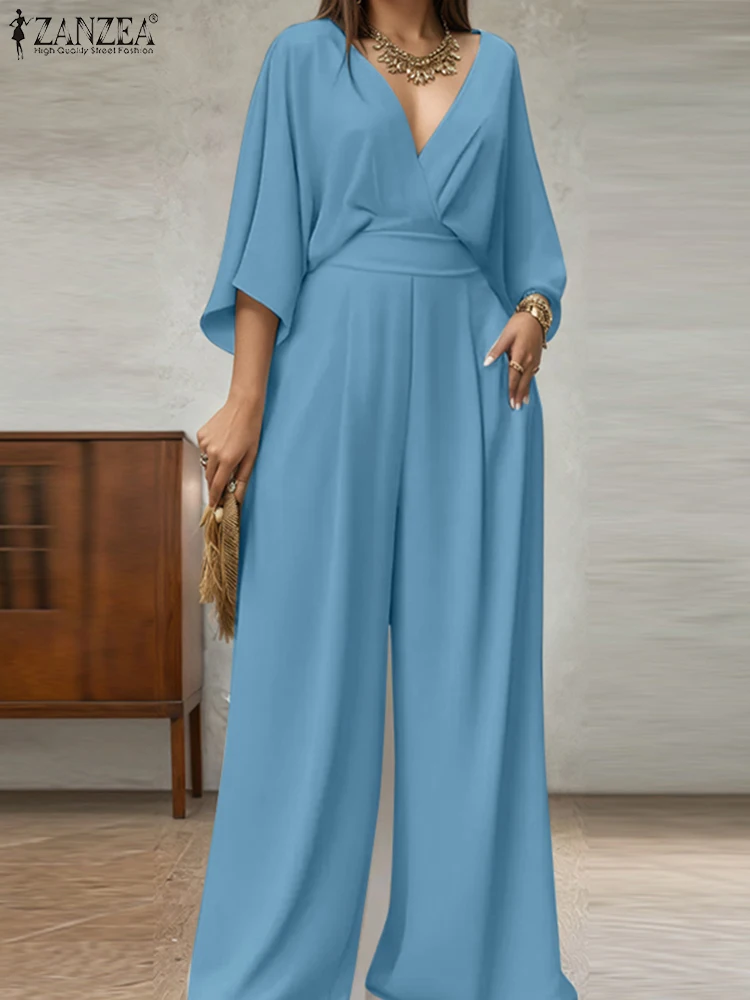 

Women Wide Leg Pants ZANZEA Elegant Long Jumpsuits 2025 Fashion V-Neck High Waist Summer 3/4 Sleeve Casual Loose Solid Playsuits