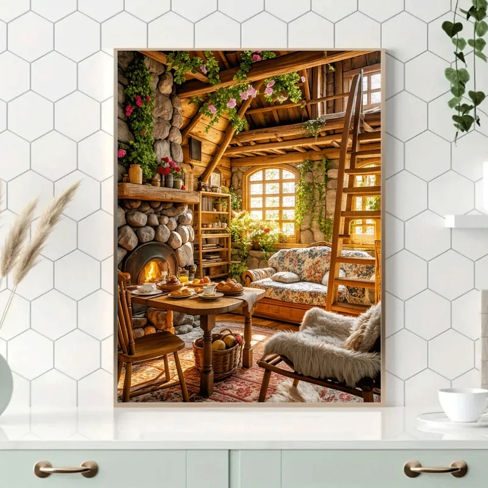 1000pcs Wooden House Interior Jigsaw Puzzle - Rustic Cabin Scene with Stone Fireplace & Floral Sofa, Vibrant Colors, Detailed