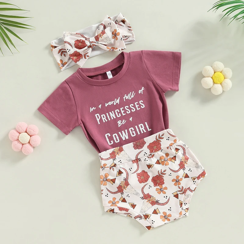 

Toddler Girls Clothes Short Sleeve Round Neck Letters Print Tops Floral Short Pants Head Band Outfits