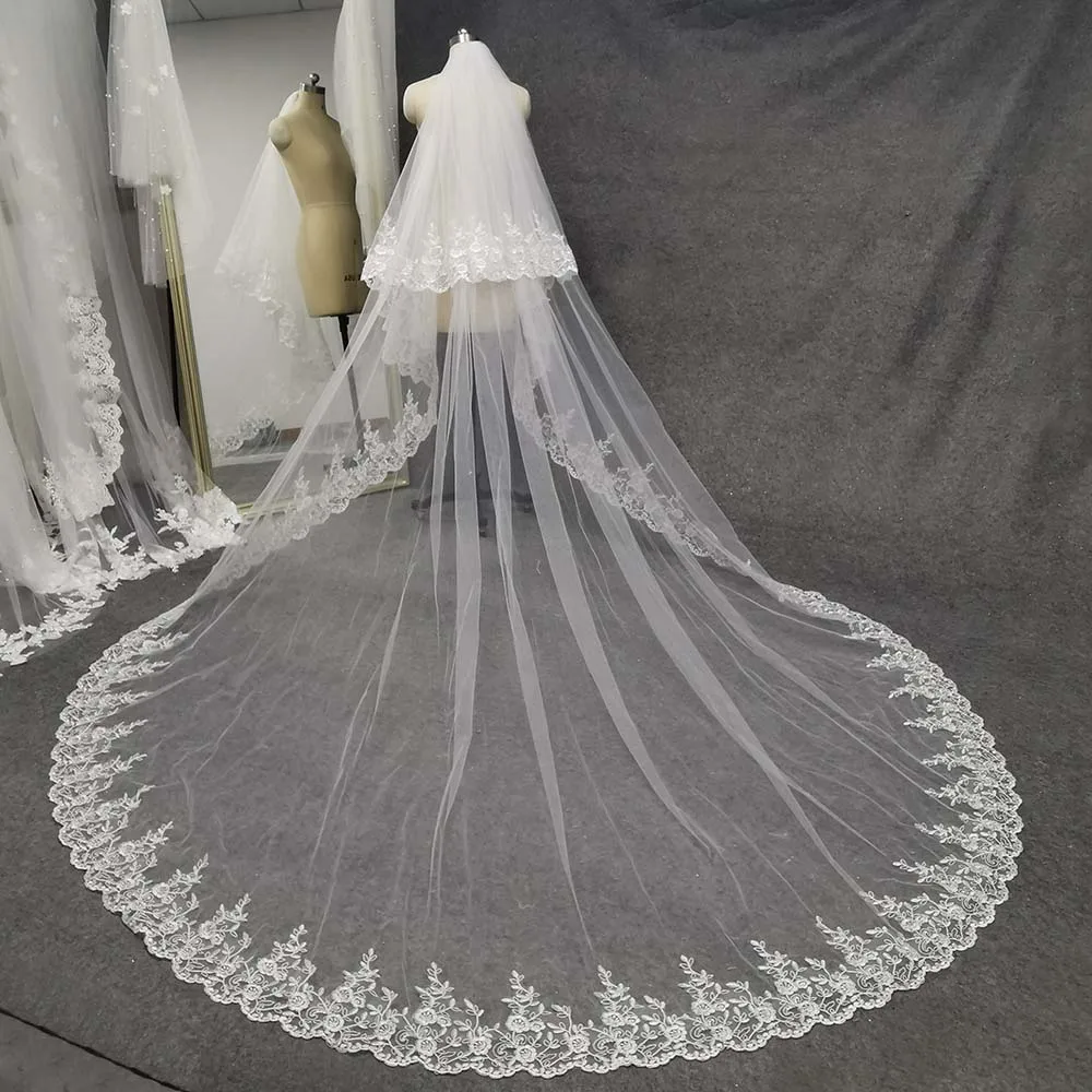 Lace Long 2 Layers Wedding Veil with Comb 3 Meters 2 T Bridal Veil with Blusher Wedding Accessories for Bride Velos de Novia