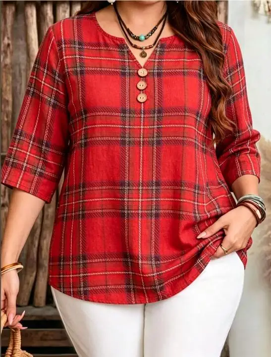 Vintage Solid Plaid Plus Size Blouses Notch Split V Neck 3 Wooden Buttons Three Quarter Sleeve Loose Casual Autumn Tops