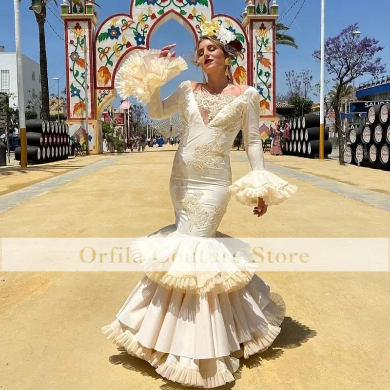 Gypsy Prom Dance Dress Mermaid Long Sleeves Appliques Lace Dubai Muslim Evening Wear Formal Occasion Party Gowns