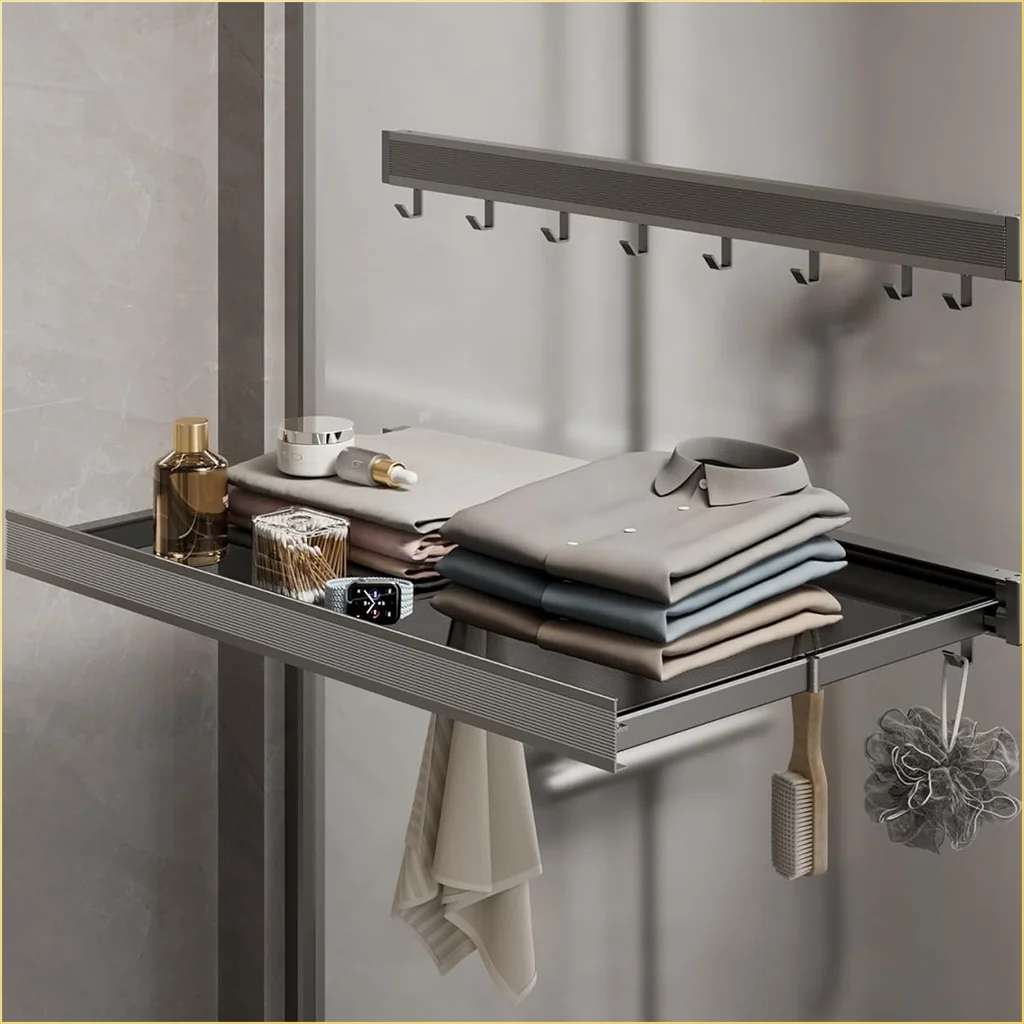 

No Drill- Shelf Foldable Wall Shelves Holder Organizer Retractable Laundry Drying Storage Racks Gap Shelf For Bathroom Balcony