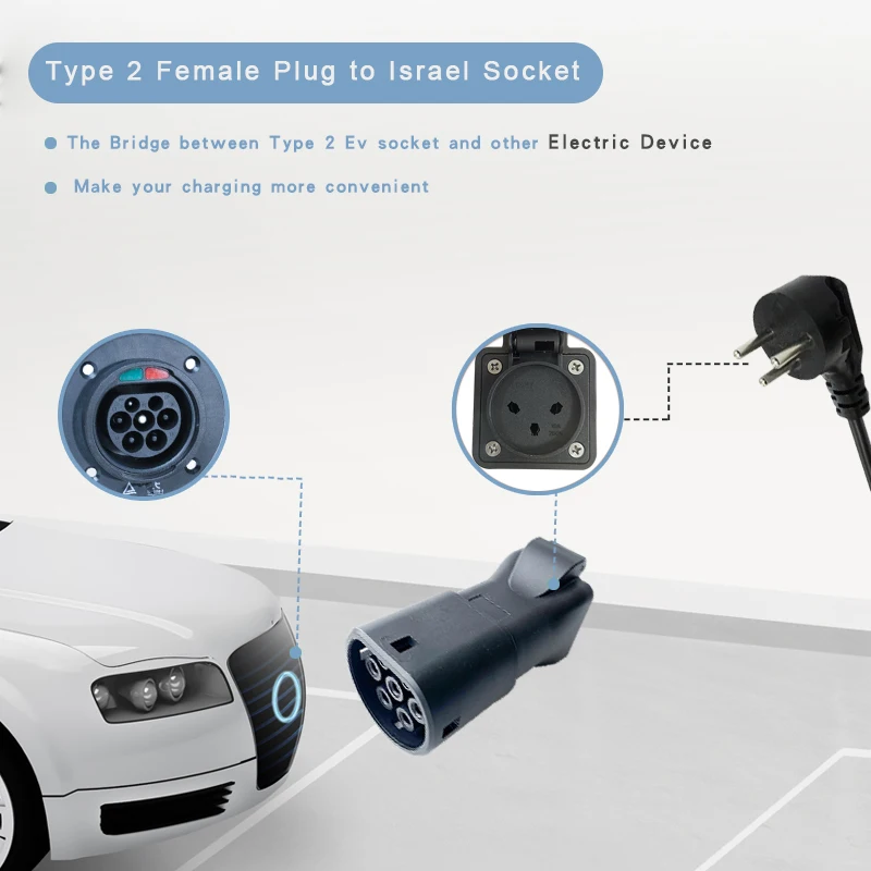 Electric Vehicle Charger Adapter Plug V2L For MG BYD  Kia XPeng Discharge Type 2 Schuko To EU Socket Israel Brazil Connector