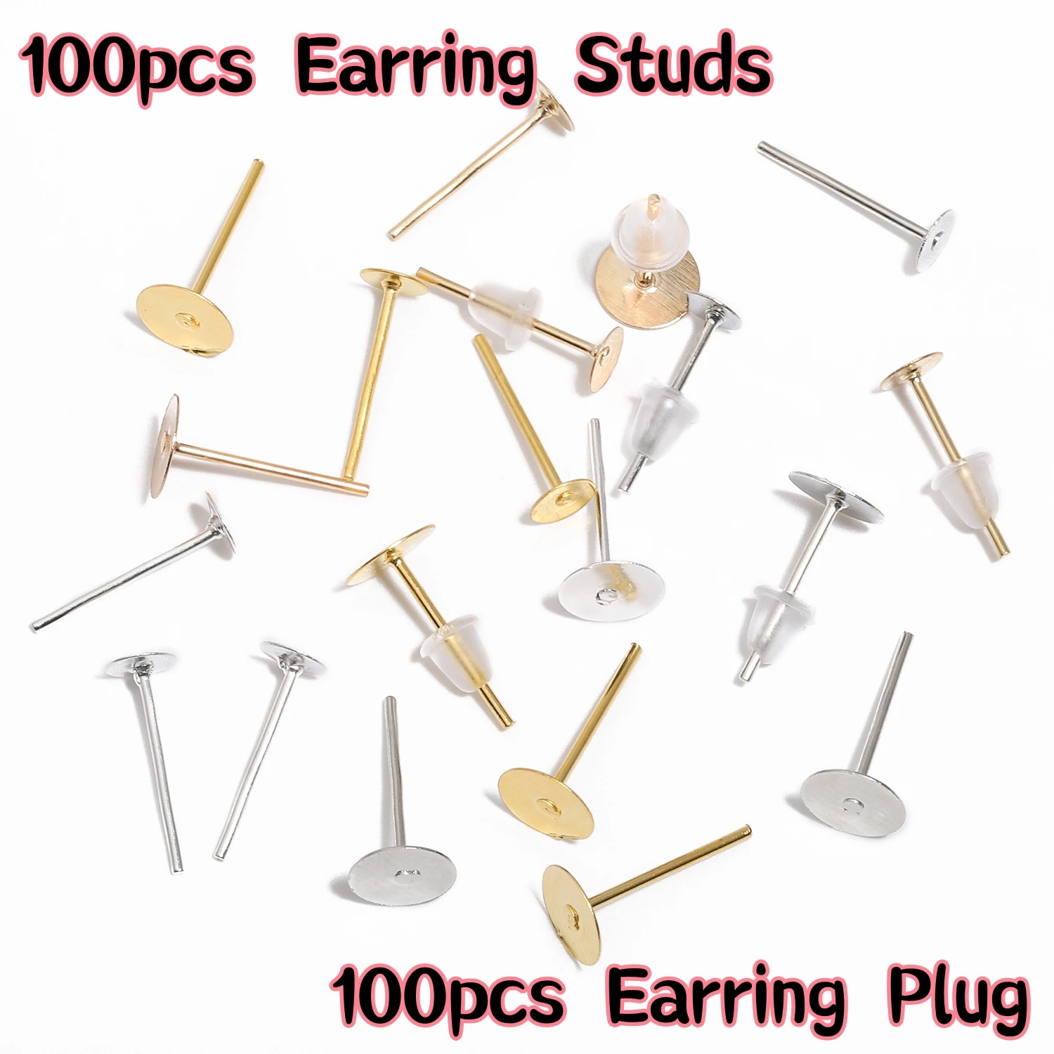 100pcs Silver Plated Gold Plated Earring Studs Blank Post Base Pins with Earring Plug Findings Ear Back for DIY Supplies Earring