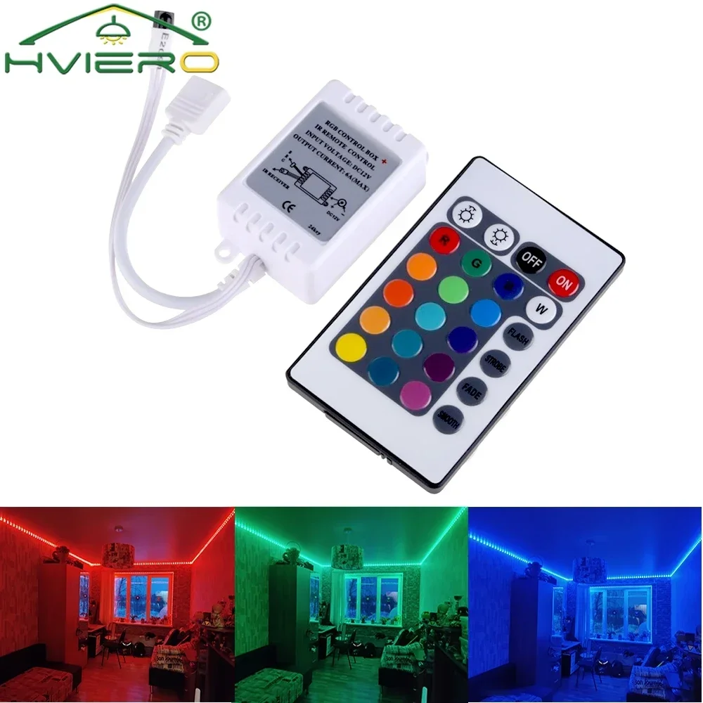 24Keys LED Light Strips IR Remote RGB Controller 12V Dual Connectors Output Dimmer Switch Indoor Atmosphere Wall Lamp Decoration