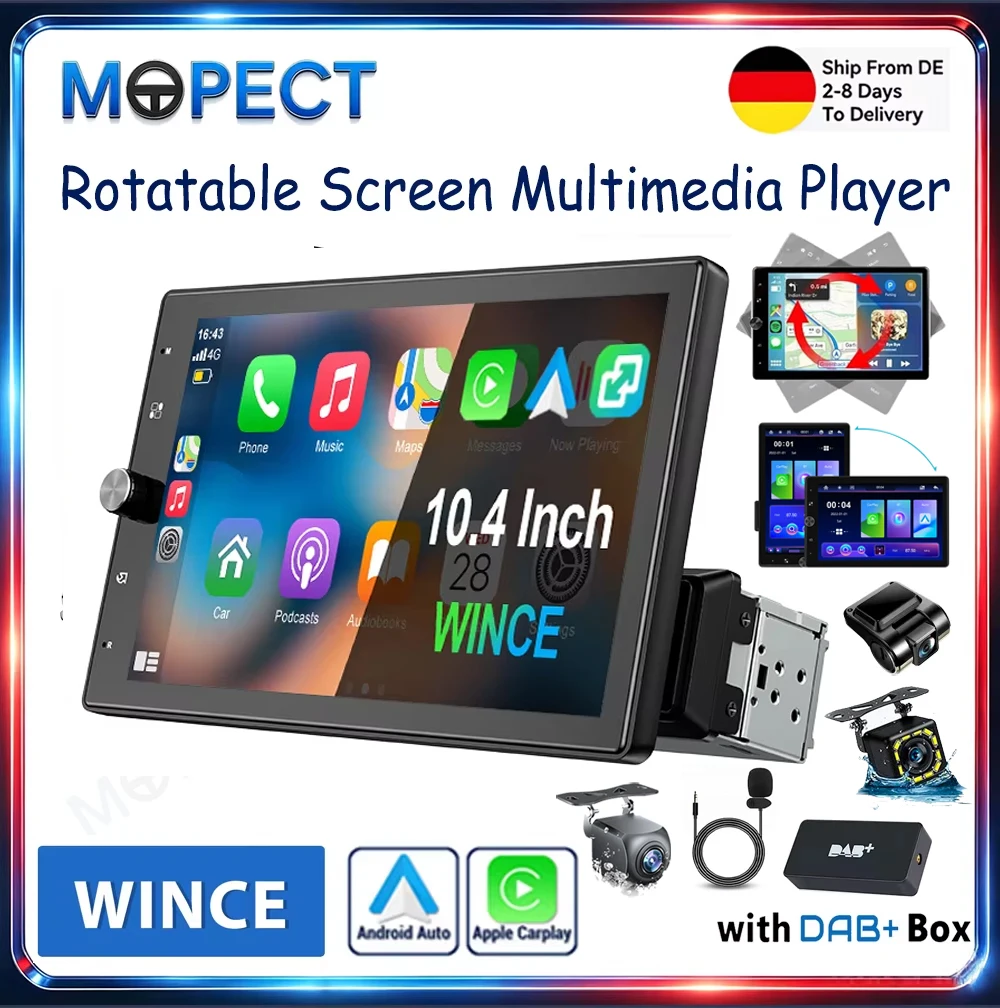 MOPECT Lettore Multimediale con Schermo Rotante Universale da 10,4'' Carplay Wireless Android Auto FM/RDS BT Mirror Link MP5 Stereo per Auto + Telecamera Posteriore