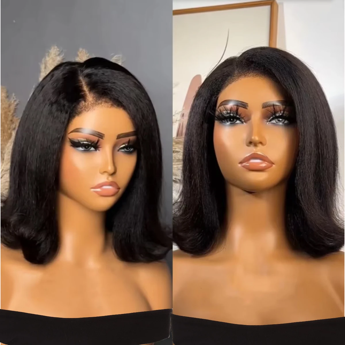 

Парик фронта шнурка 13x4, боковая часть, волна Яки, мягкий короткий странный прямой волнистый синтетический предварительно сорванный бесклеевой парик для повседневного ношения