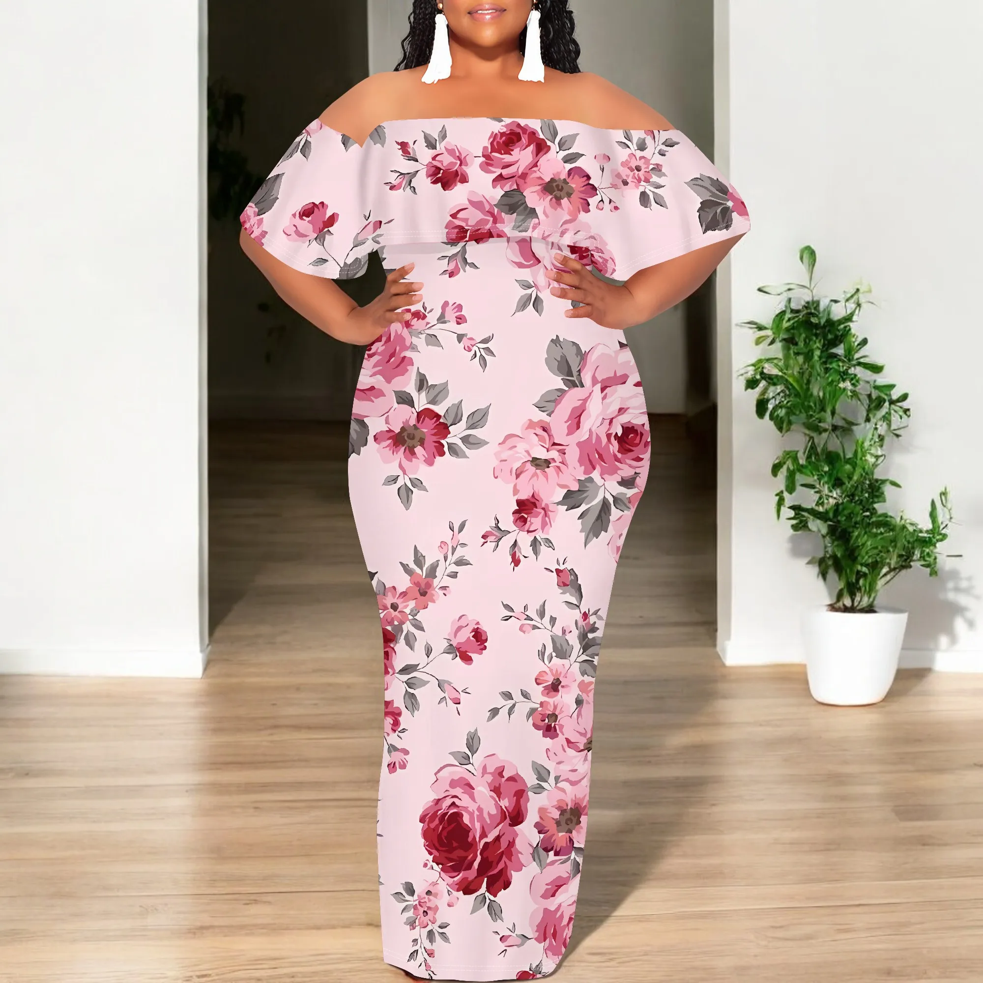 ชุดเดรสพิมพ์ลายดอกไม้นูปูซาสำหรับผู้หญิงขนาดบวกฤดูร้อนลำลองปิดไหล่ชุดแม็กซี่เดรสเข้ารูป