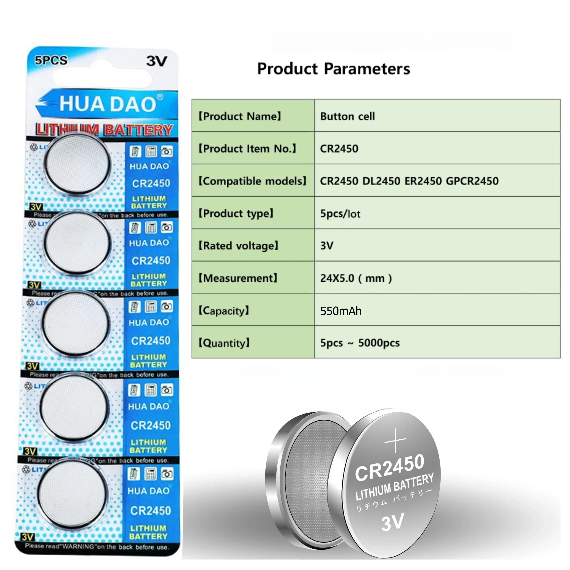 Bateria de lítio Coin Cell para controladores remotos, Garagem Porta Abridores, Calculadoras, Termômetros, BMW Car Key Fob e Mais, CR2450, 3V