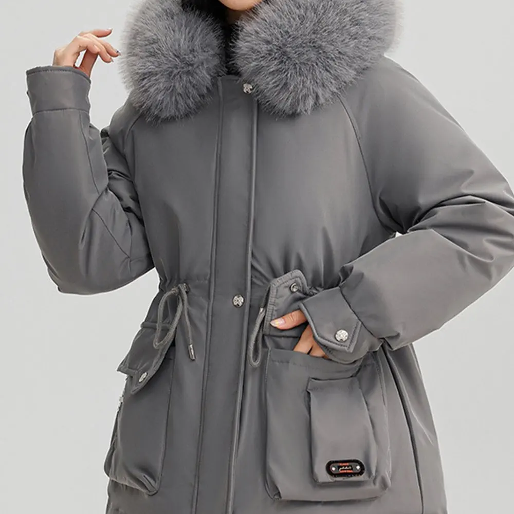 

Зимнее женское утолщенное парковое пальто, теплое хлопковое пальто с капюшоном для похудения, узкая талия с большим шерстяным воротником, модная одежда