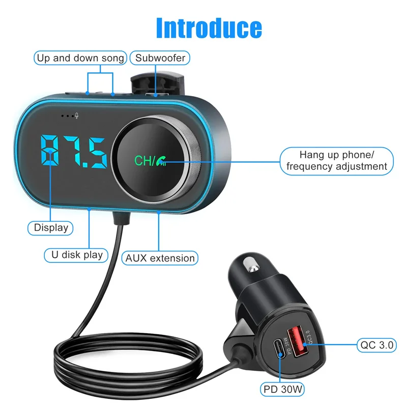 

T78 FM Transmitter USB QC3.0 PD Fast Charging 3.5mm AUX Music Receiver MP3 Player Handsfree Bluetooth 5.0 Car Kit FM Modulator